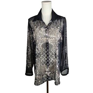 David Cline Blouse Sz Large Sheer Artsy Black & White Long Sleeve Party